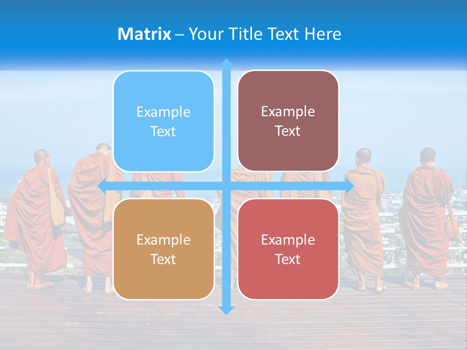 A Group Of Monks Standing On Top Of A Wooden Platform PowerPoint Template