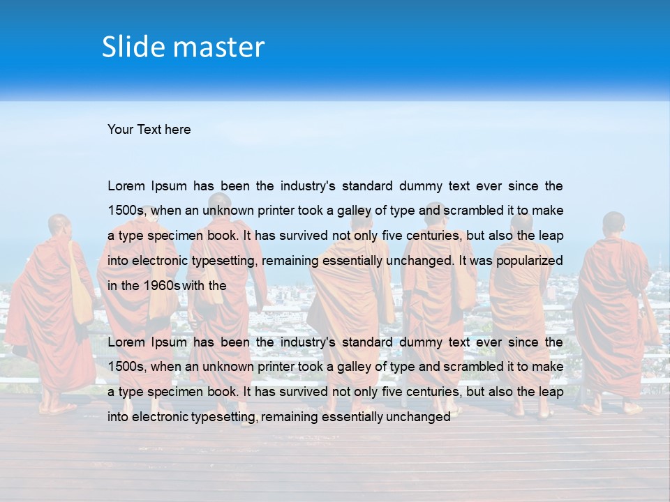 A Group Of Monks Standing On Top Of A Wooden Platform PowerPoint Template