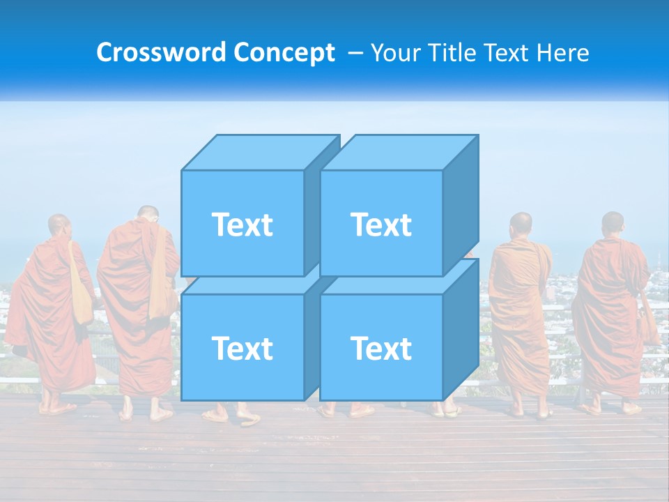A Group Of Monks Standing On Top Of A Wooden Platform PowerPoint Template