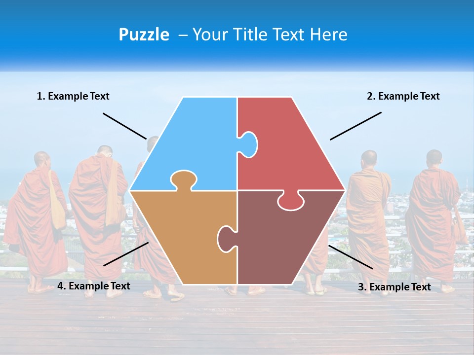 A Group Of Monks Standing On Top Of A Wooden Platform PowerPoint Template