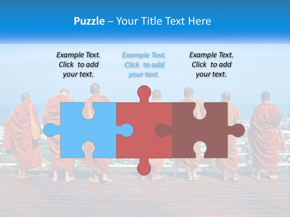 A Group Of Monks Standing On Top Of A Wooden Platform PowerPoint Template