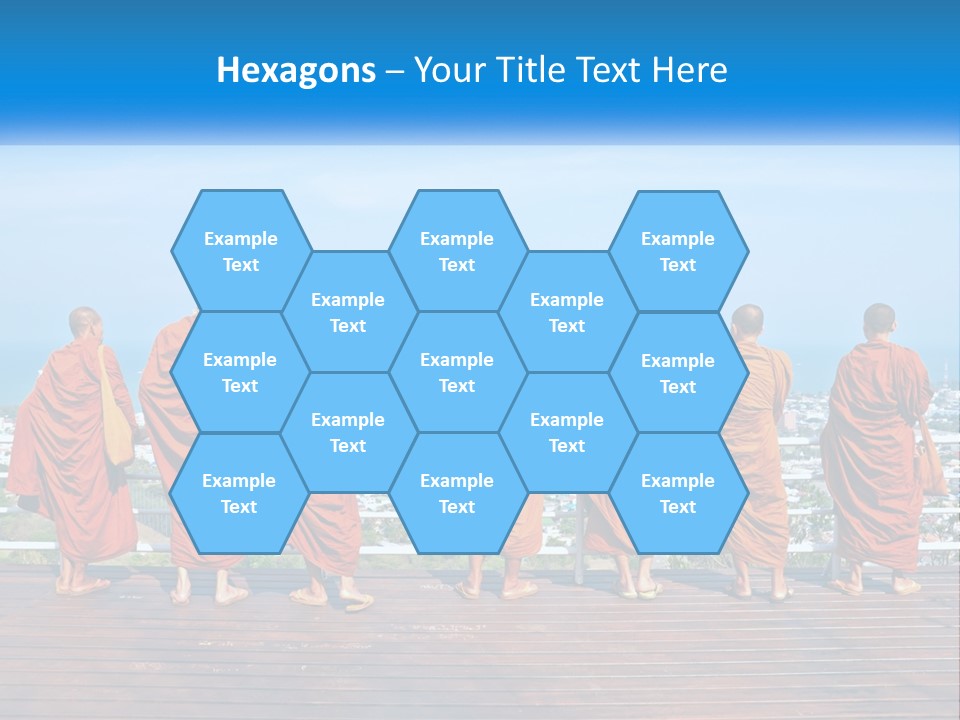 A Group Of Monks Standing On Top Of A Wooden Platform PowerPoint Template