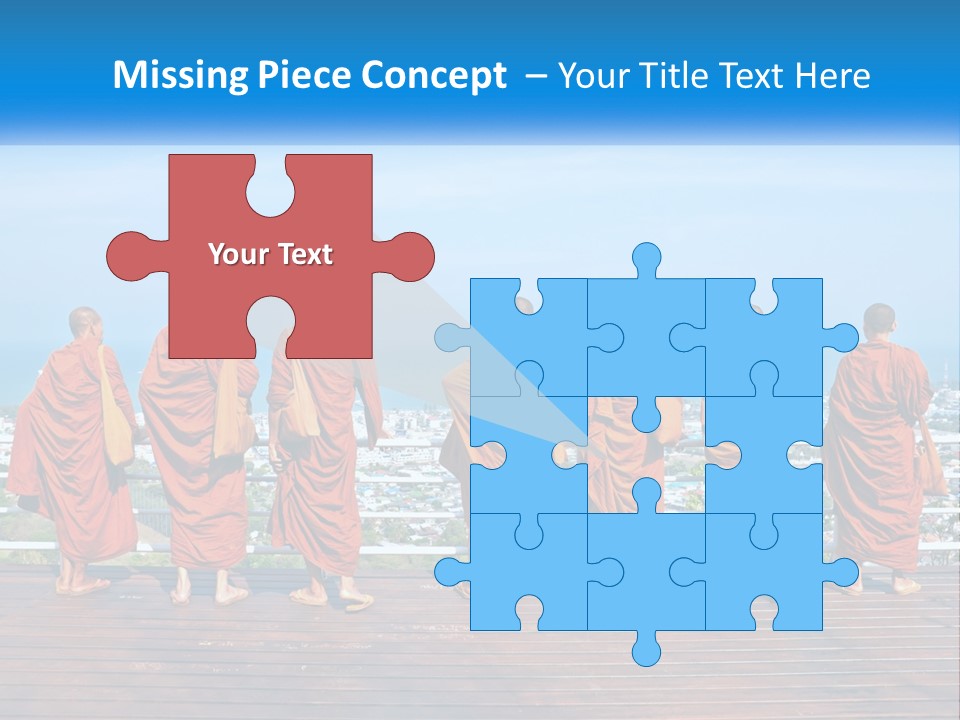 A Group Of Monks Standing On Top Of A Wooden Platform PowerPoint Template