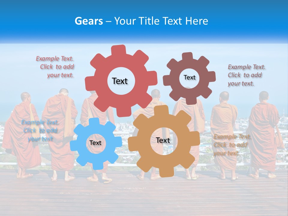 A Group Of Monks Standing On Top Of A Wooden Platform PowerPoint Template