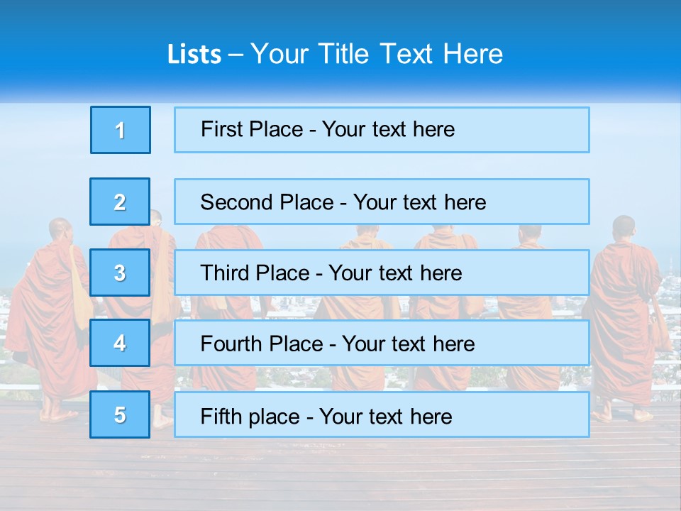 A Group Of Monks Standing On Top Of A Wooden Platform PowerPoint Template