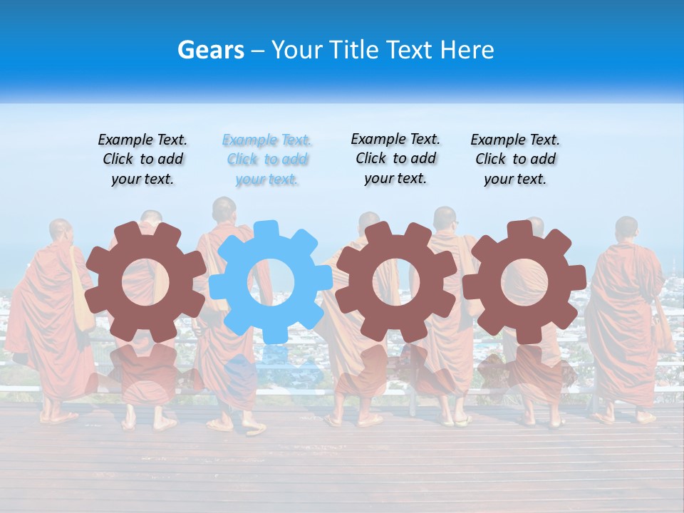 A Group Of Monks Standing On Top Of A Wooden Platform PowerPoint Template