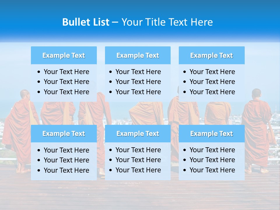 A Group Of Monks Standing On Top Of A Wooden Platform PowerPoint Template