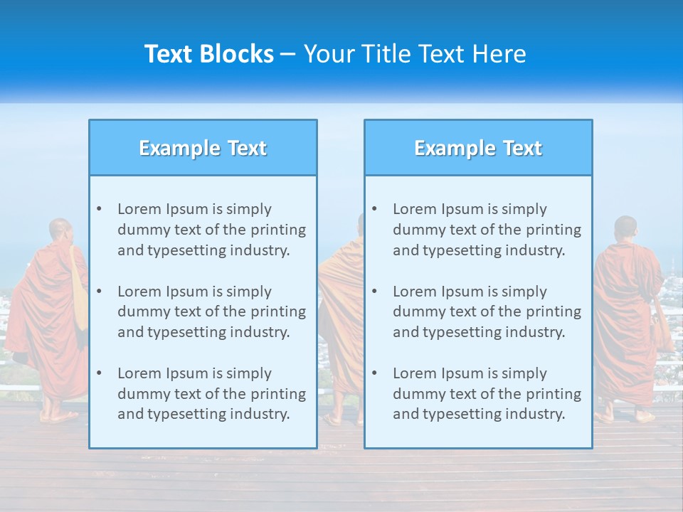 A Group Of Monks Standing On Top Of A Wooden Platform PowerPoint Template