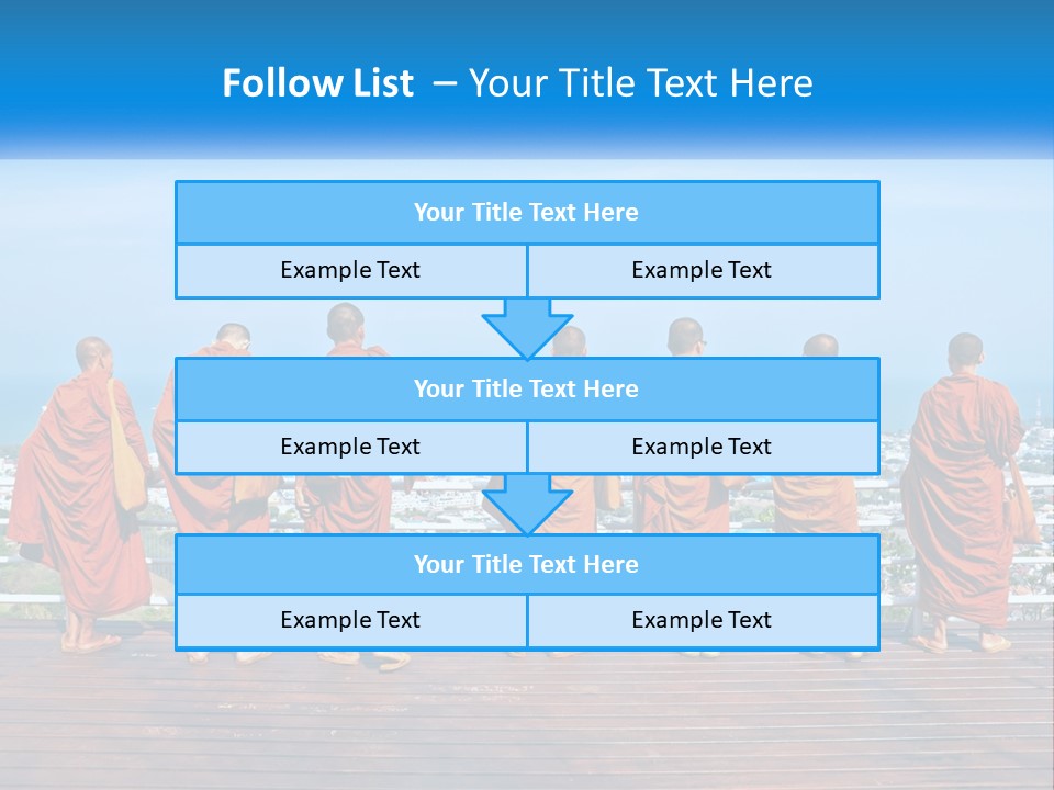 A Group Of Monks Standing On Top Of A Wooden Platform PowerPoint Template