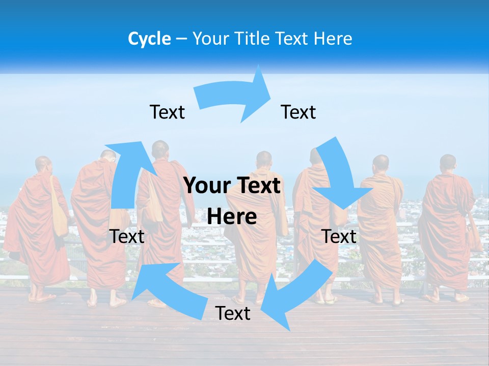 A Group Of Monks Standing On Top Of A Wooden Platform PowerPoint Template