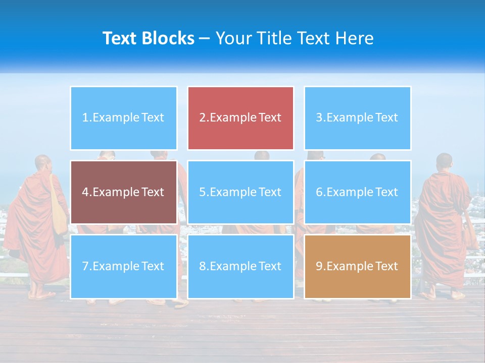 A Group Of Monks Standing On Top Of A Wooden Platform PowerPoint Template