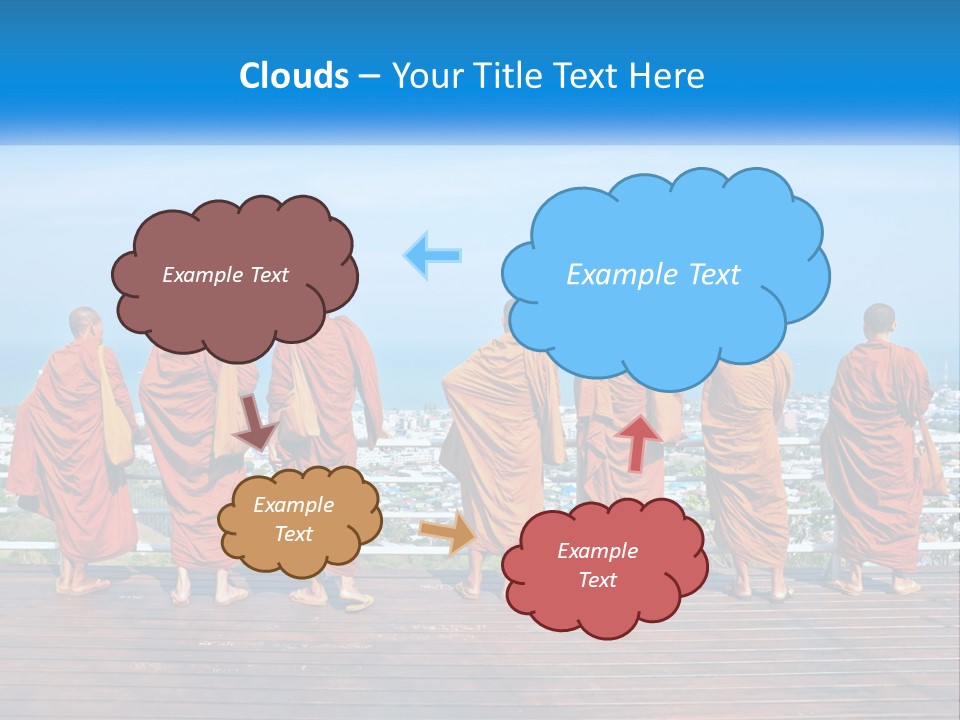 A Group Of Monks Standing On Top Of A Wooden Platform PowerPoint Template