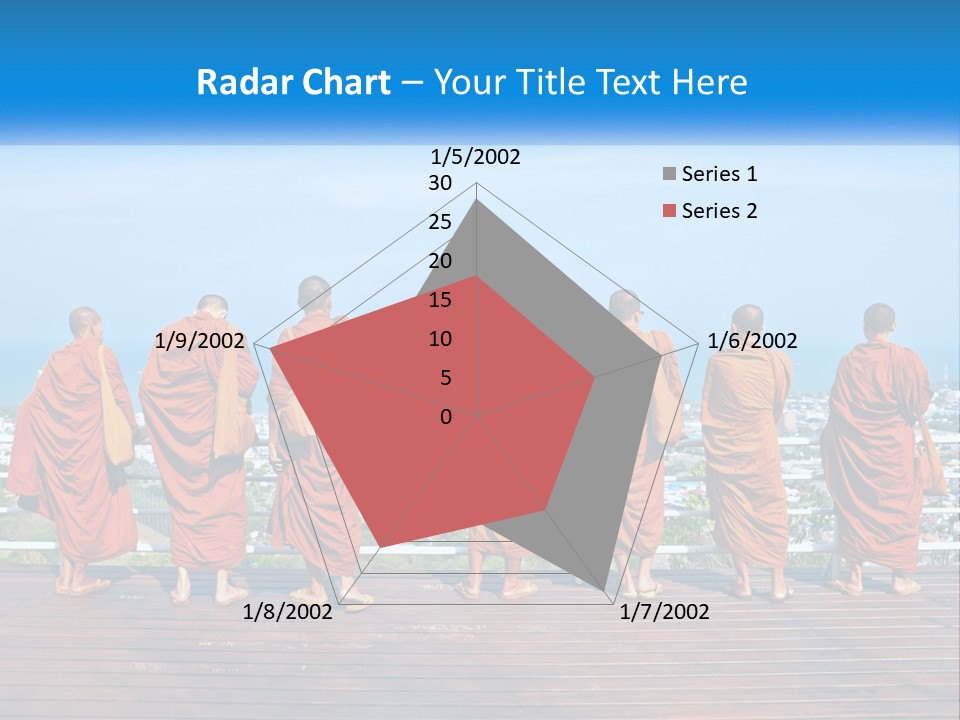 A Group Of Monks Standing On Top Of A Wooden Platform PowerPoint Template