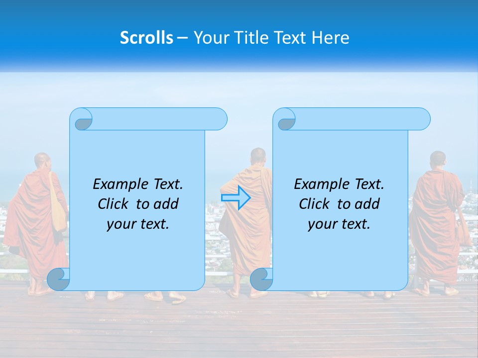 A Group Of Monks Standing On Top Of A Wooden Platform PowerPoint Template
