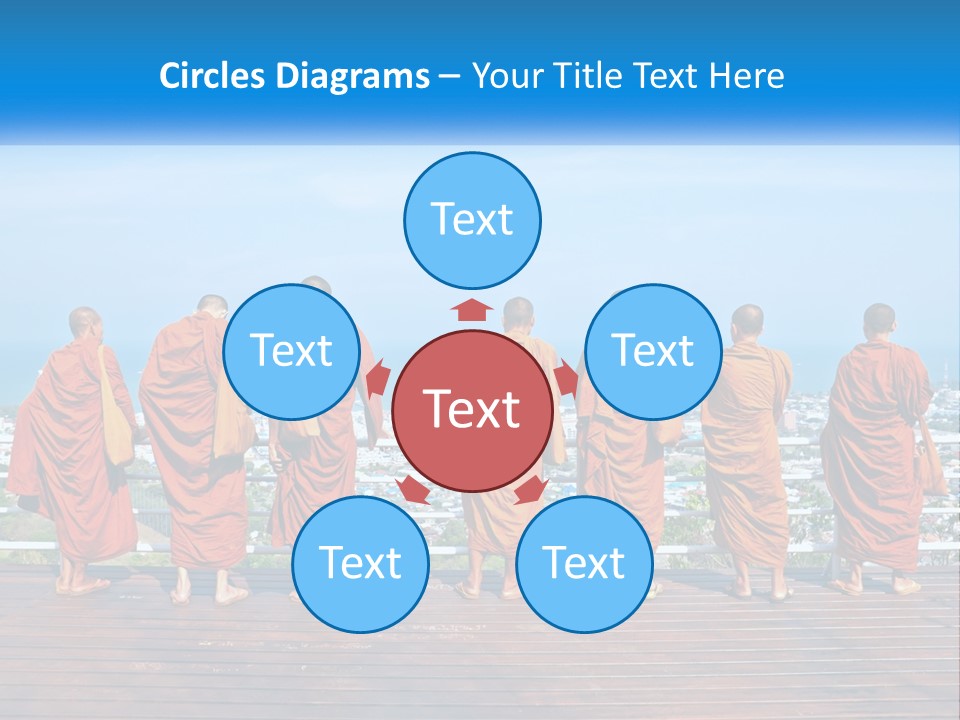 A Group Of Monks Standing On Top Of A Wooden Platform PowerPoint Template