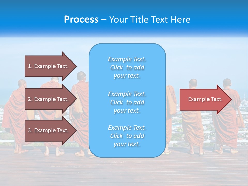 A Group Of Monks Standing On Top Of A Wooden Platform PowerPoint Template