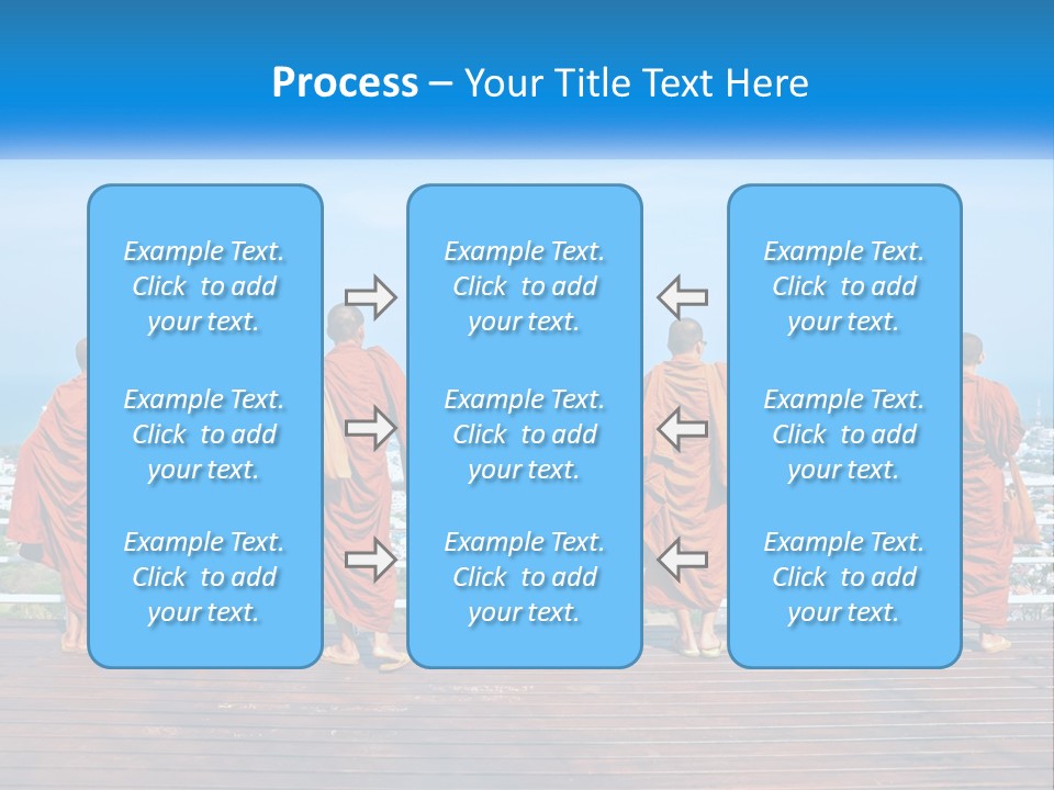 A Group Of Monks Standing On Top Of A Wooden Platform PowerPoint Template