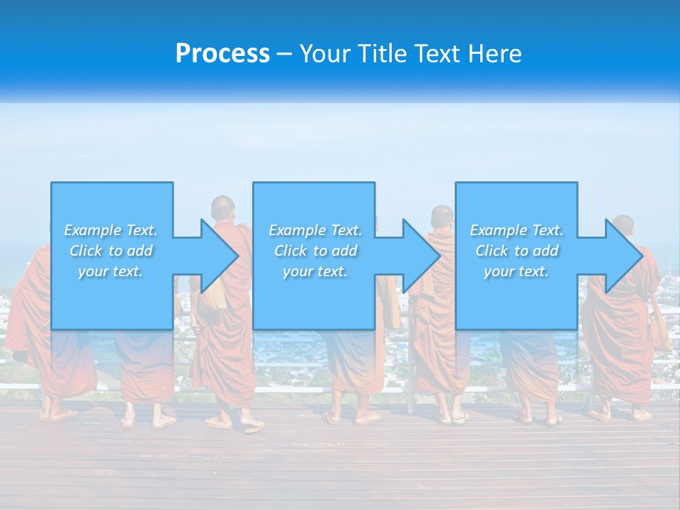 A Group Of Monks Standing On Top Of A Wooden Platform PowerPoint Template