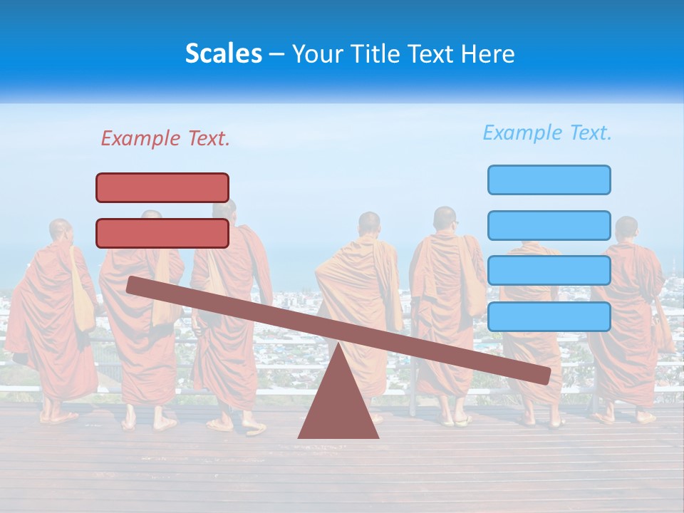 A Group Of Monks Standing On Top Of A Wooden Platform PowerPoint Template