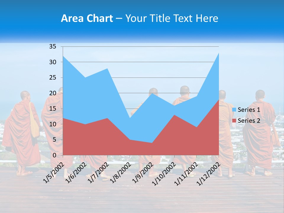A Group Of Monks Standing On Top Of A Wooden Platform PowerPoint Template