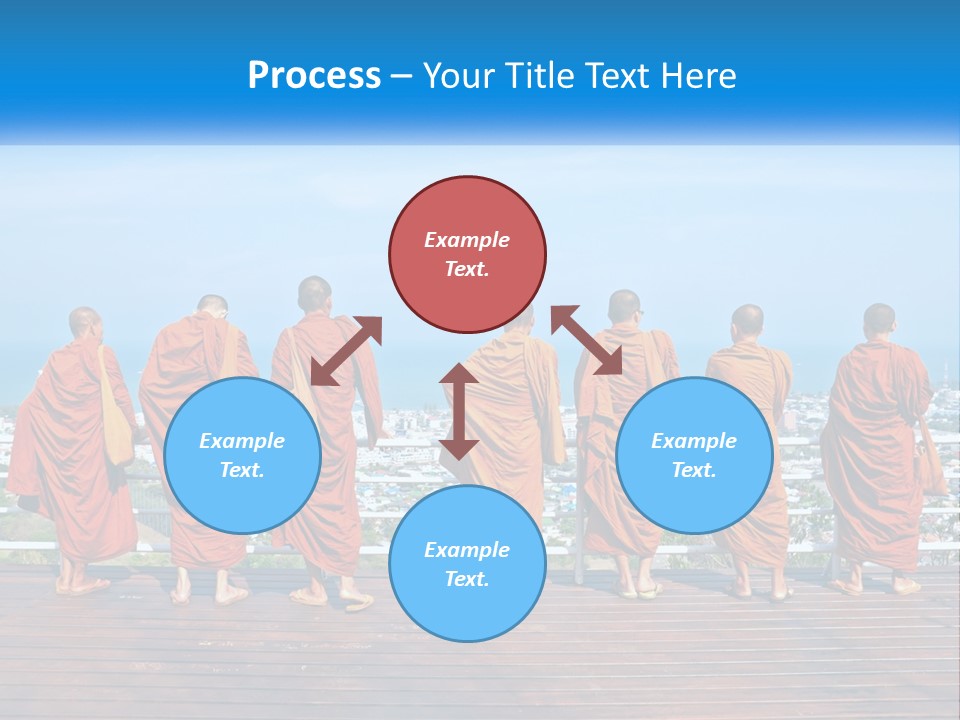 A Group Of Monks Standing On Top Of A Wooden Platform PowerPoint Template