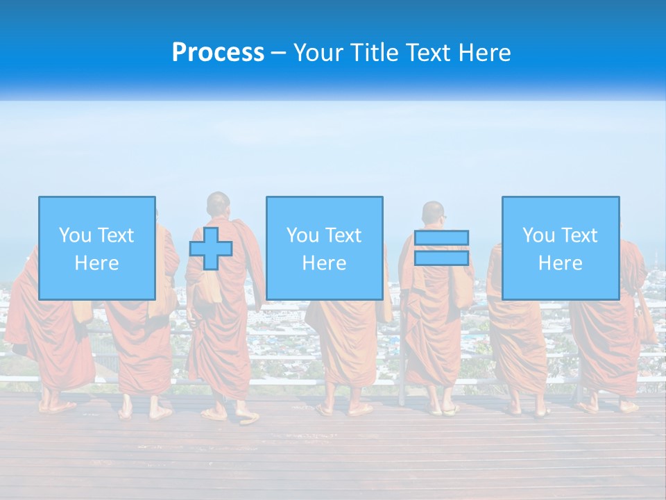 A Group Of Monks Standing On Top Of A Wooden Platform PowerPoint Template