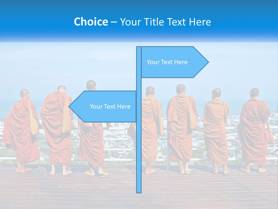 A Group Of Monks Standing On Top Of A Wooden Platform PowerPoint Template