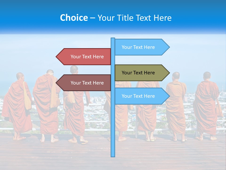 A Group Of Monks Standing On Top Of A Wooden Platform PowerPoint Template