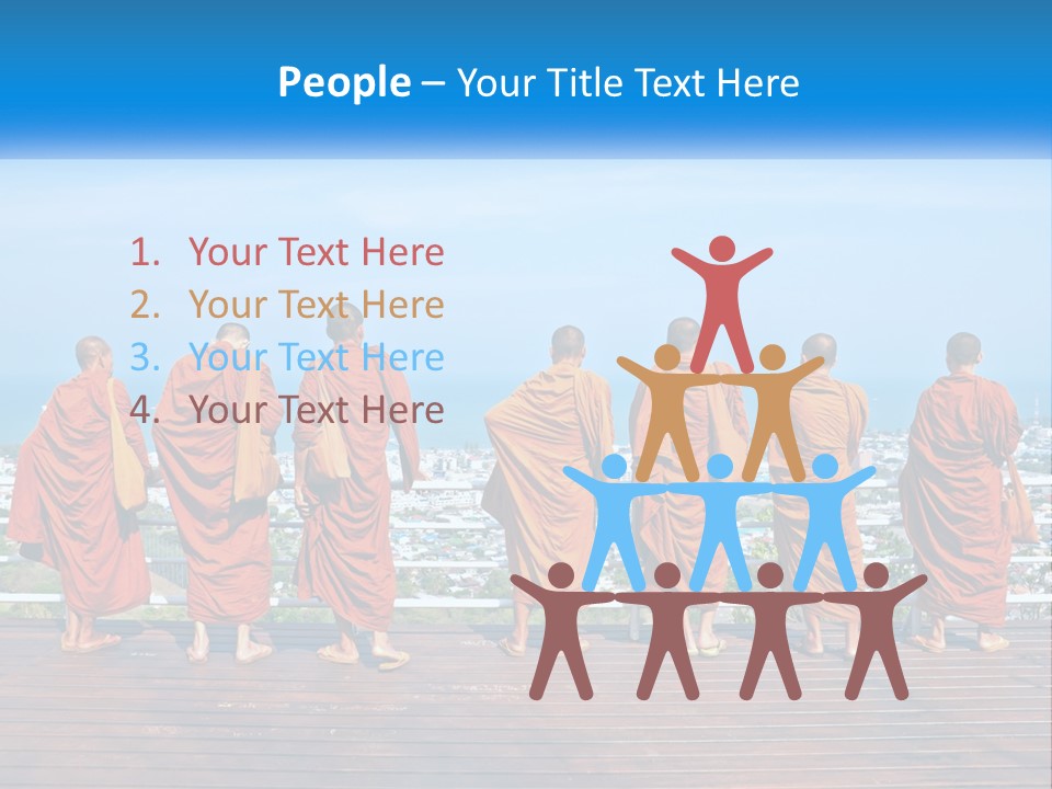 A Group Of Monks Standing On Top Of A Wooden Platform PowerPoint Template