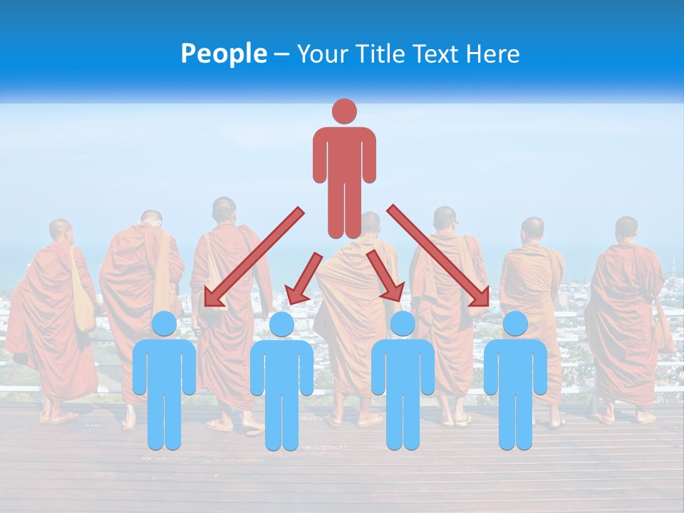 A Group Of Monks Standing On Top Of A Wooden Platform PowerPoint Template