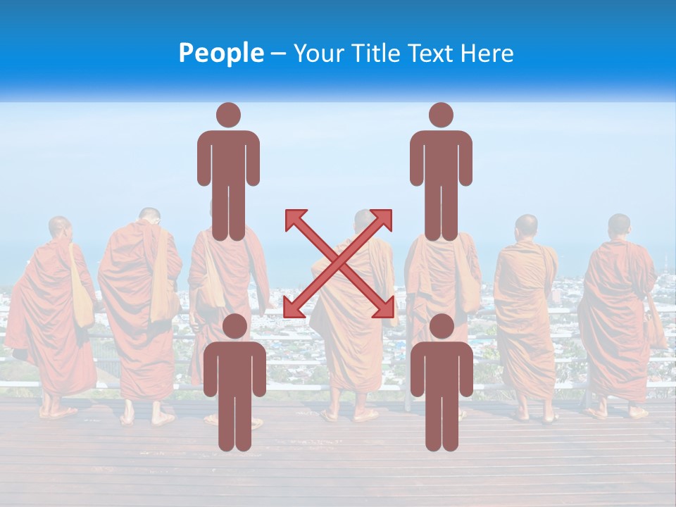 A Group Of Monks Standing On Top Of A Wooden Platform PowerPoint Template