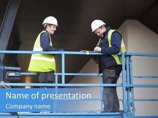 Two Men In Safety Vests Standing On A Blue Platform PowerPoint Template