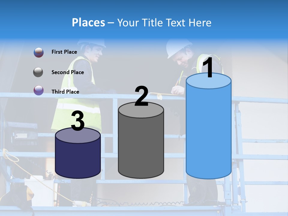 Two Men In Safety Vests Standing On A Blue Platform PowerPoint Template