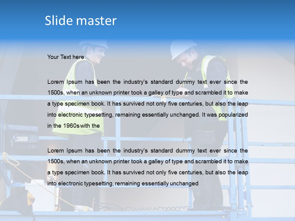 Two Men In Safety Vests Standing On A Blue Platform PowerPoint Template