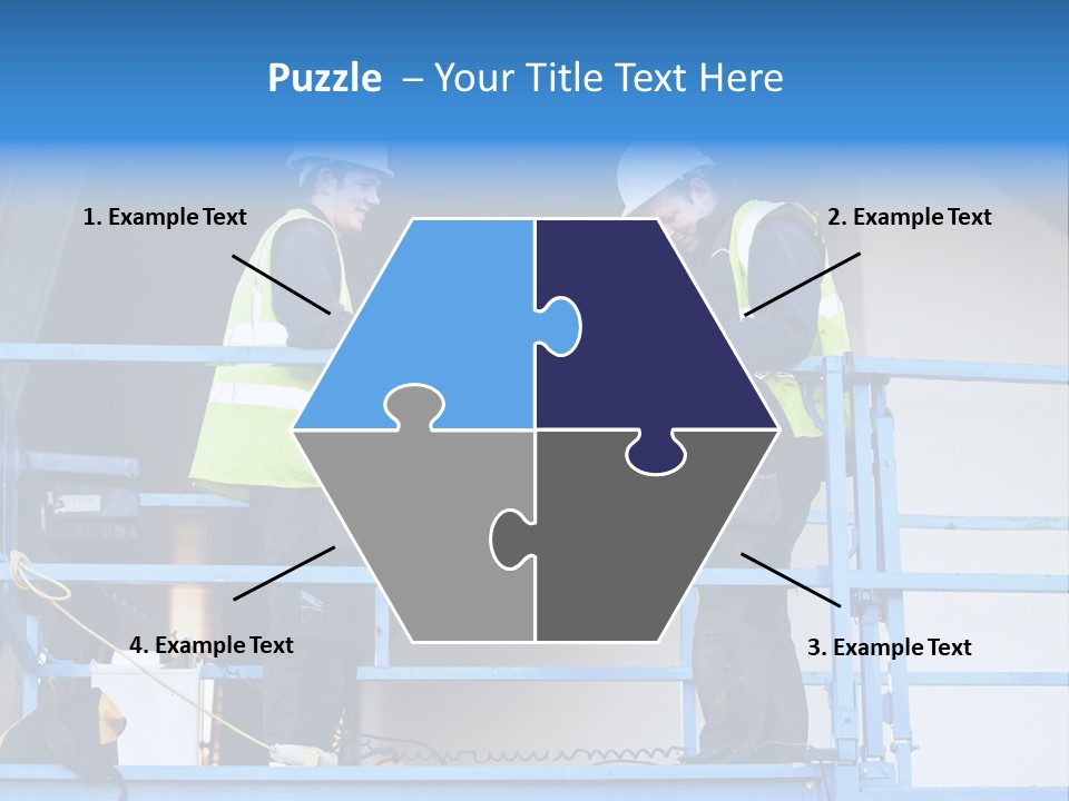 Two Men In Safety Vests Standing On A Blue Platform PowerPoint Template
