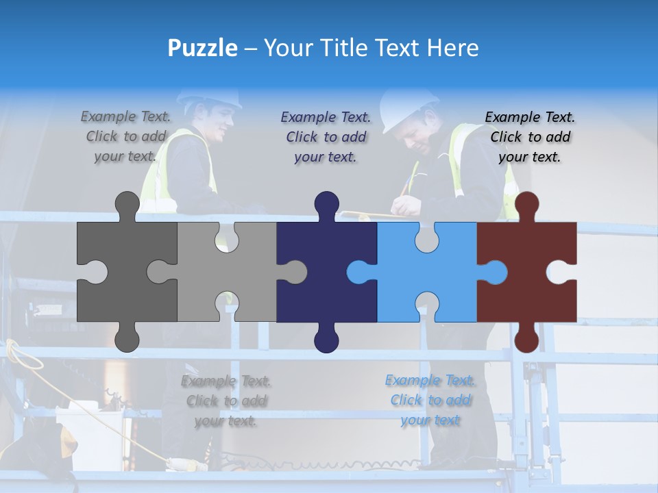 Two Men In Safety Vests Standing On A Blue Platform PowerPoint Template