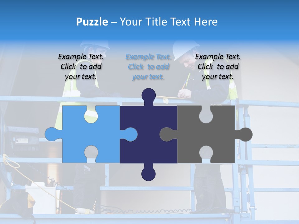 Two Men In Safety Vests Standing On A Blue Platform PowerPoint Template