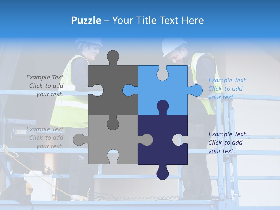 Two Men In Safety Vests Standing On A Blue Platform PowerPoint Template