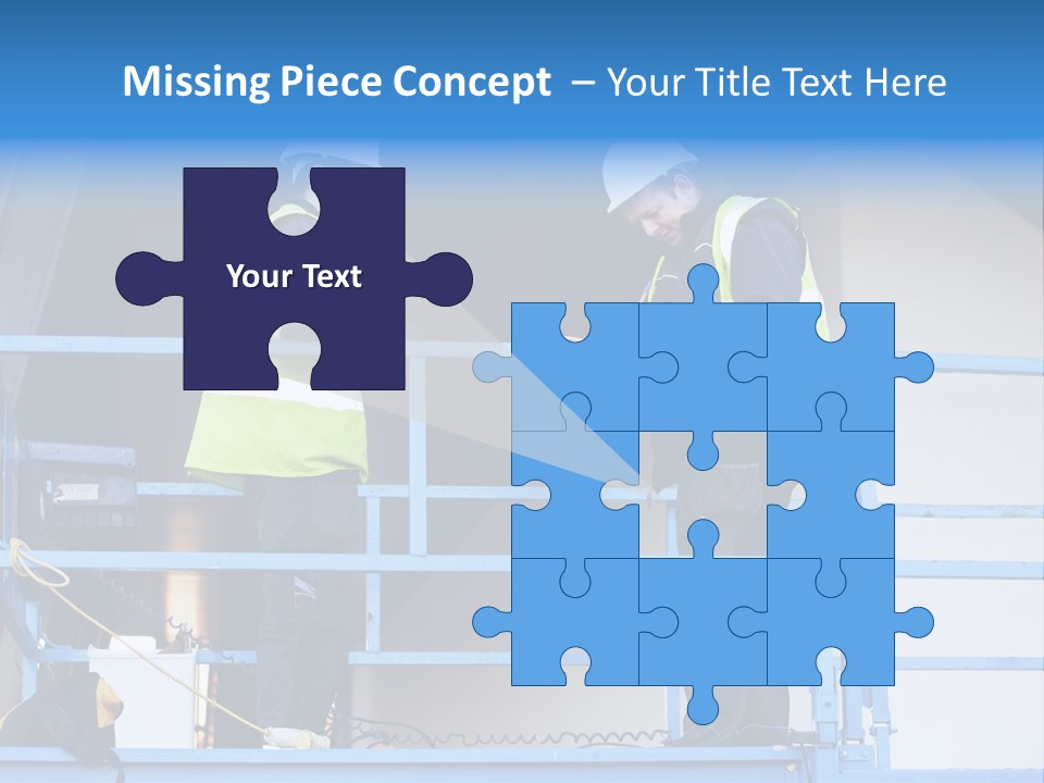 Two Men In Safety Vests Standing On A Blue Platform PowerPoint Template