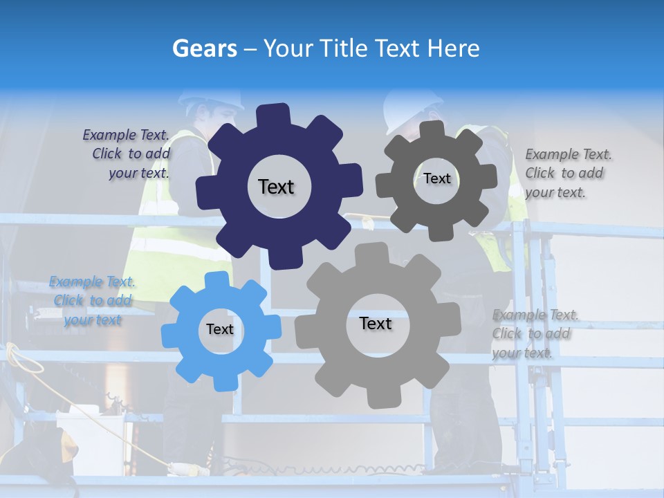 Two Men In Safety Vests Standing On A Blue Platform PowerPoint Template