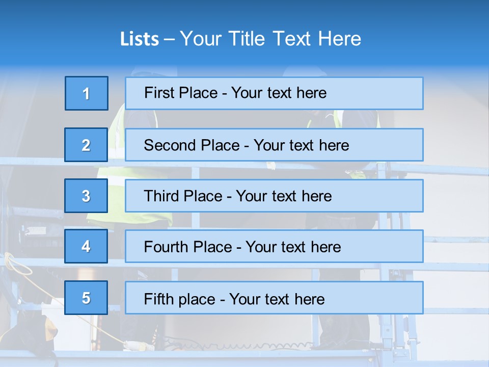 Two Men In Safety Vests Standing On A Blue Platform PowerPoint Template
