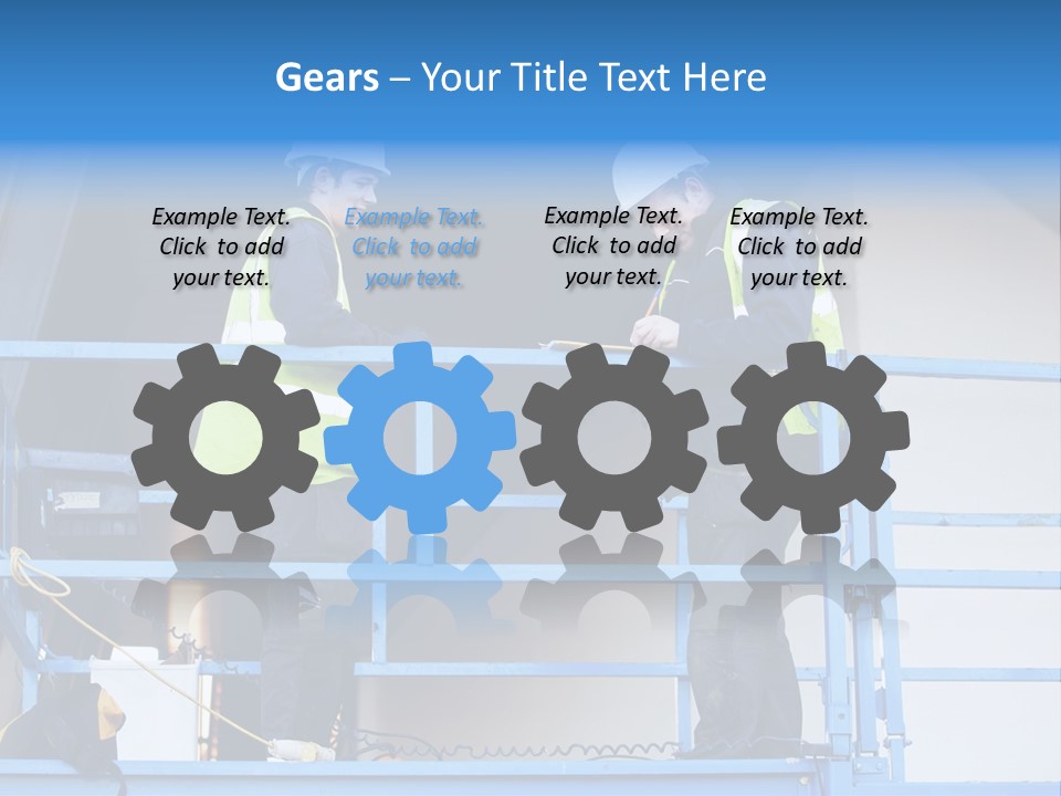 Two Men In Safety Vests Standing On A Blue Platform PowerPoint Template