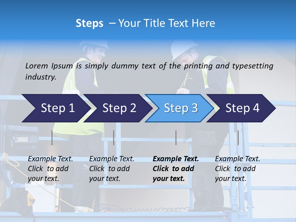 Two Men In Safety Vests Standing On A Blue Platform PowerPoint Template