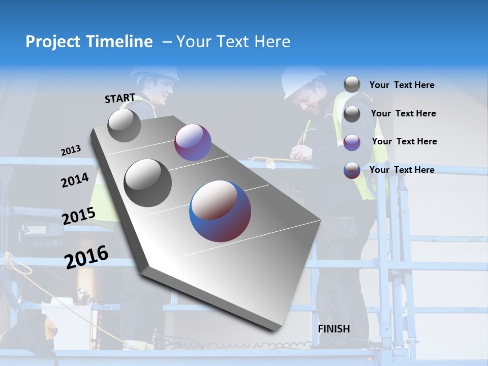 Two Men In Safety Vests Standing On A Blue Platform PowerPoint Template
