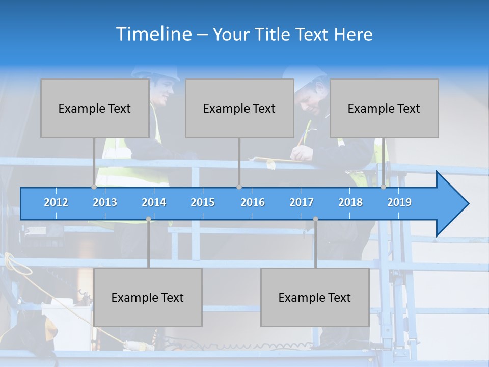 Two Men In Safety Vests Standing On A Blue Platform PowerPoint Template