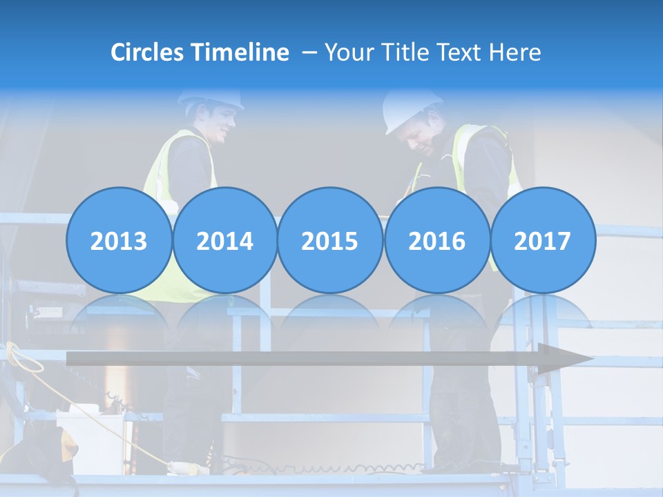 Two Men In Safety Vests Standing On A Blue Platform PowerPoint Template