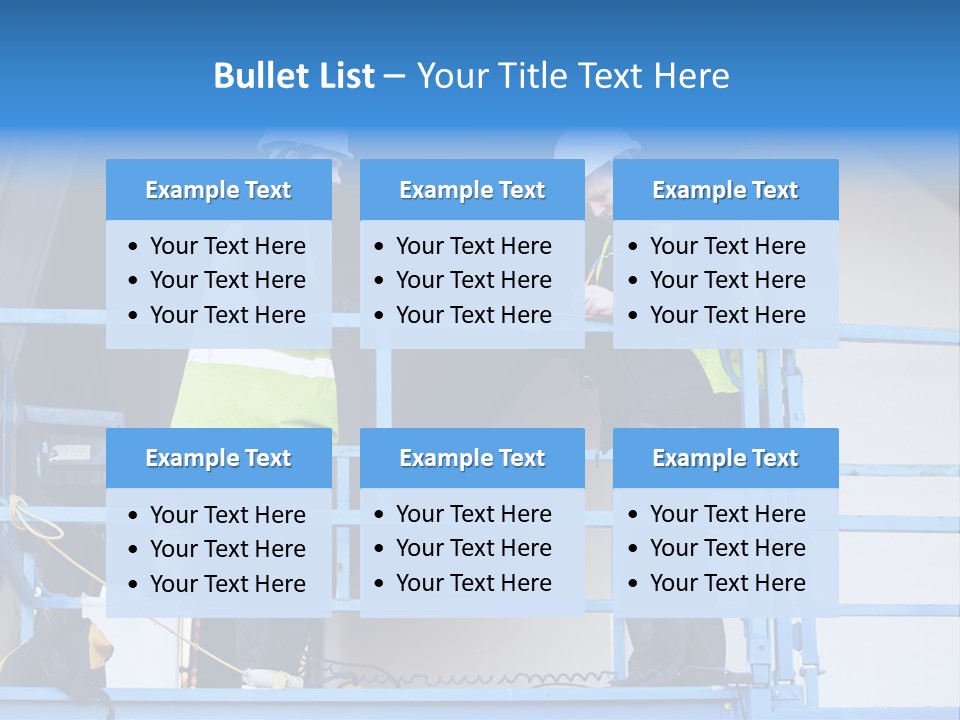 Two Men In Safety Vests Standing On A Blue Platform PowerPoint Template
