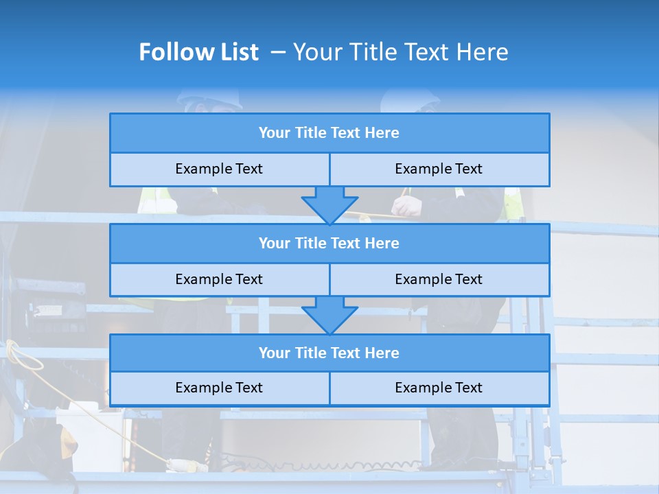 Two Men In Safety Vests Standing On A Blue Platform PowerPoint Template