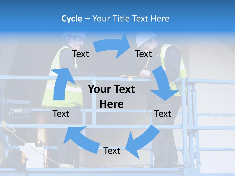 Two Men In Safety Vests Standing On A Blue Platform PowerPoint Template