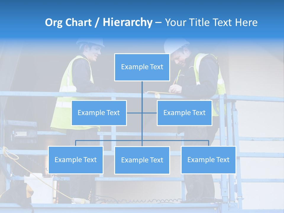 Two Men In Safety Vests Standing On A Blue Platform PowerPoint Template